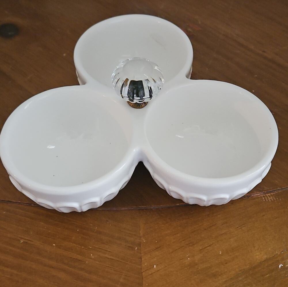 Mud Pie White Ceramic 3-Compartment Candy Dish with Handle, Glossy Finish